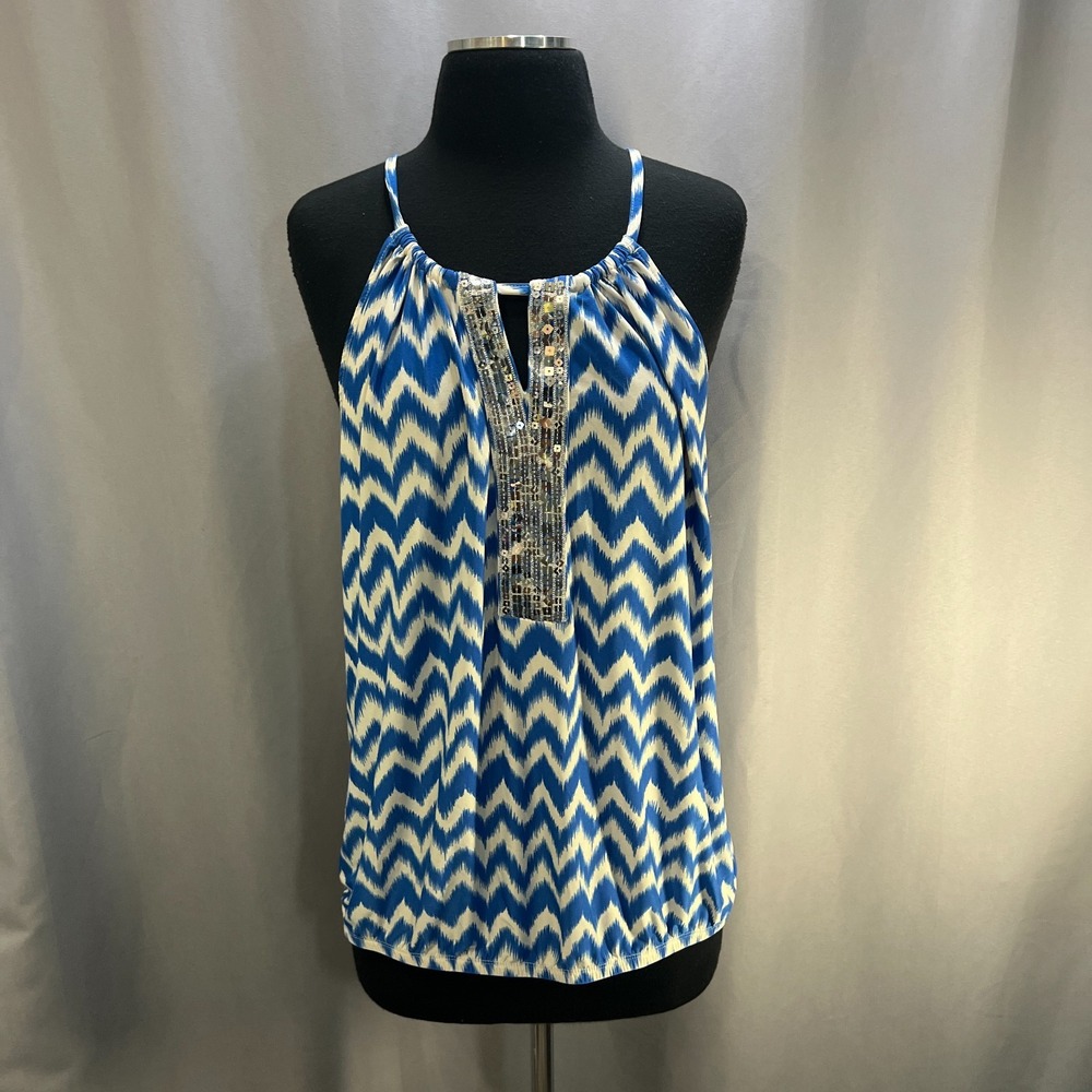 INC International Concepts Blouse Top Womens Large Blue White Zigzag Stretch